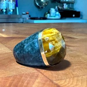 GORGEOUS 14K GOLD ONYX FACETED TIGER’S EYE RING SIZE 8 21g